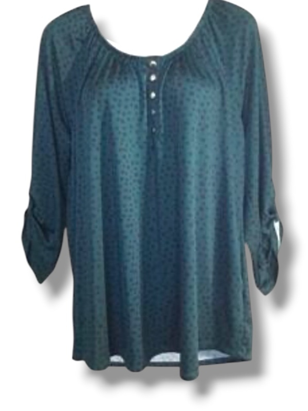 Notations Women’s Plus Size Stretchy Flowy Top Blouse Hunter Green Polka Dot NWT